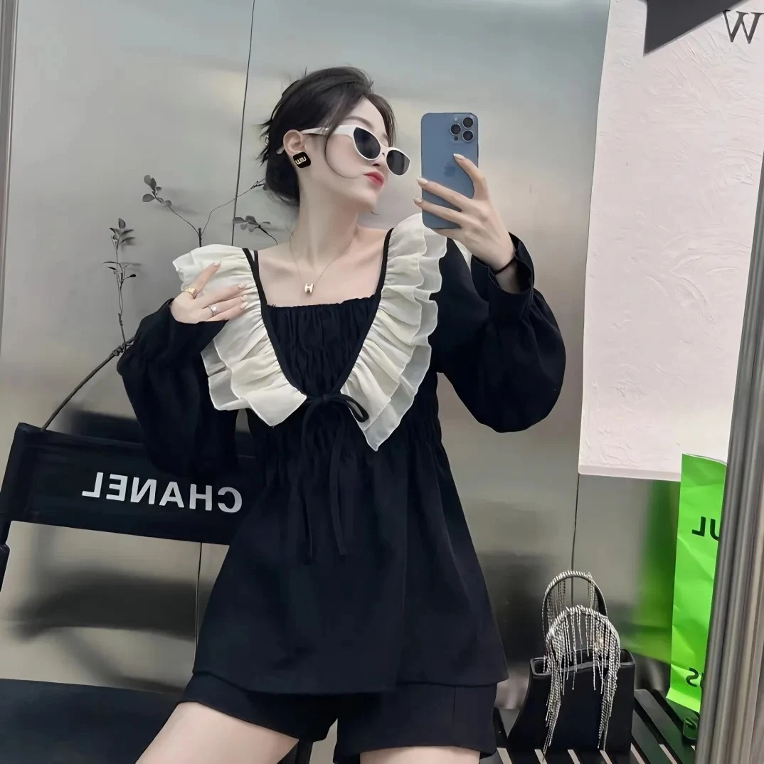 秋冬长袖女装加厚中长款2023新款洋气纯欲辣妹上衣正肩衣服荷叶边