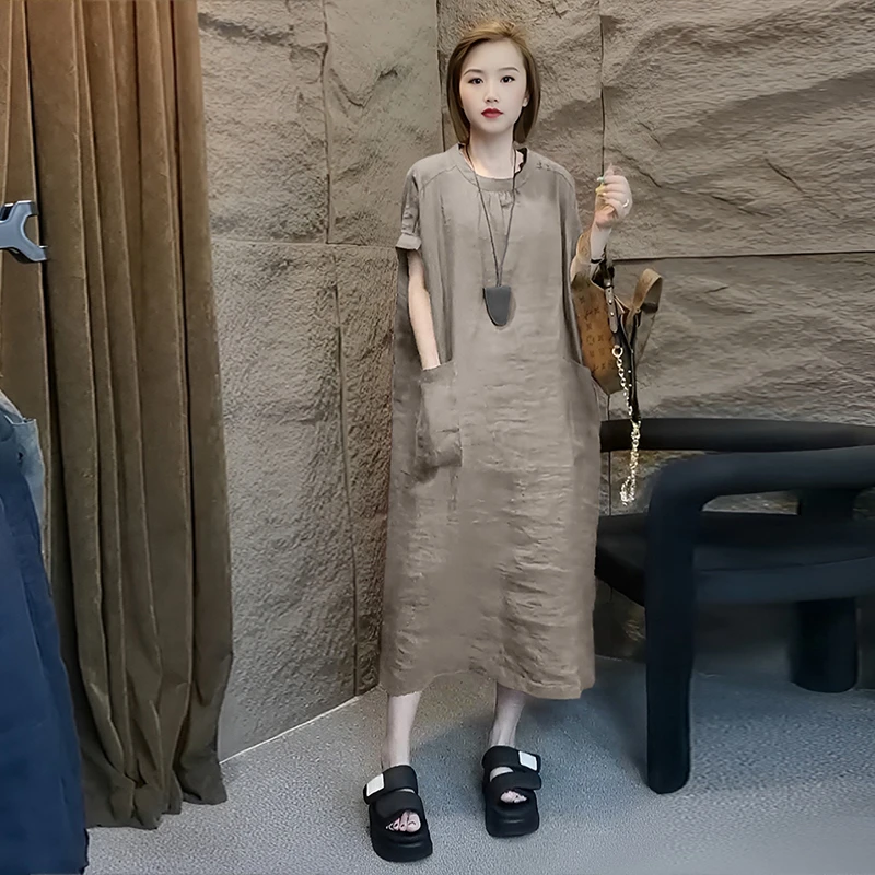 休闲文艺风圆领套头纯色短袖时尚连衣裙女宽松遮肉显瘦褶皱长裙