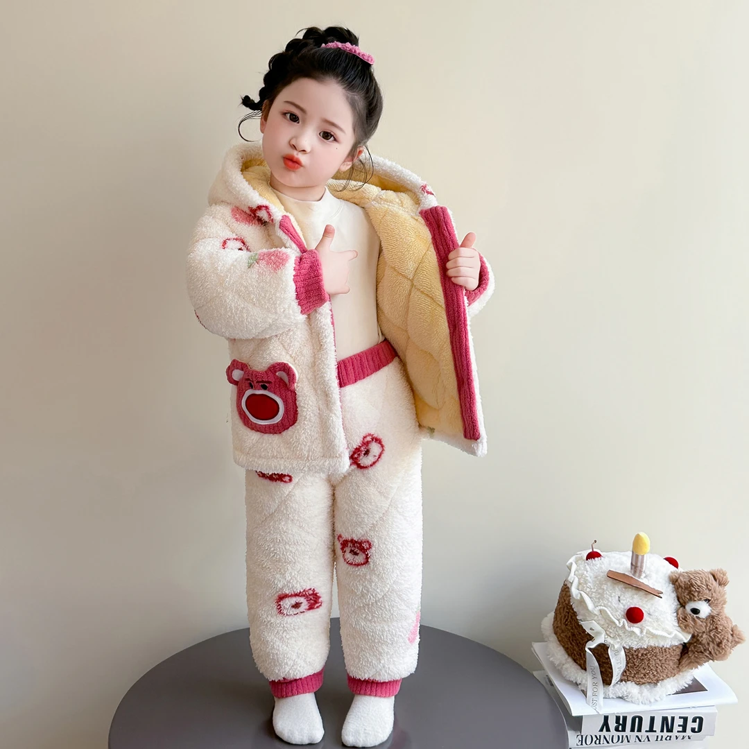 儿童睡衣冬季新款三层夹棉加厚小女孩可爱保暖家居服儿童加绒套装