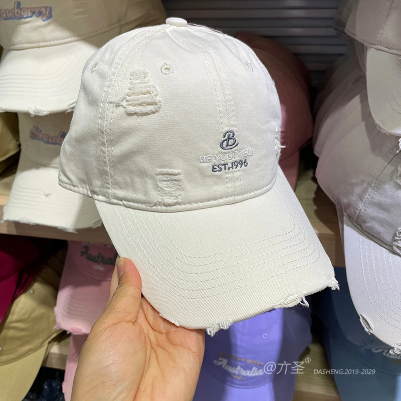 糖果色高品质磨边破洞刺绣棒球帽情侣款春夏秋季新款百搭大檐减龄