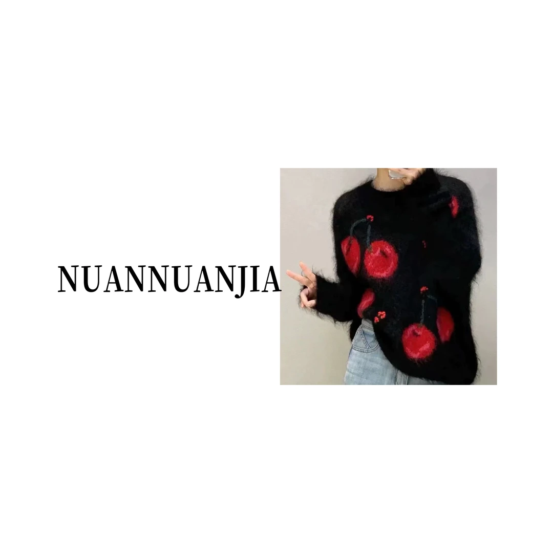 暖NUAN/糖渍樱桃/100羊毛拉毛拉绒圆领毛衣女秋冬款