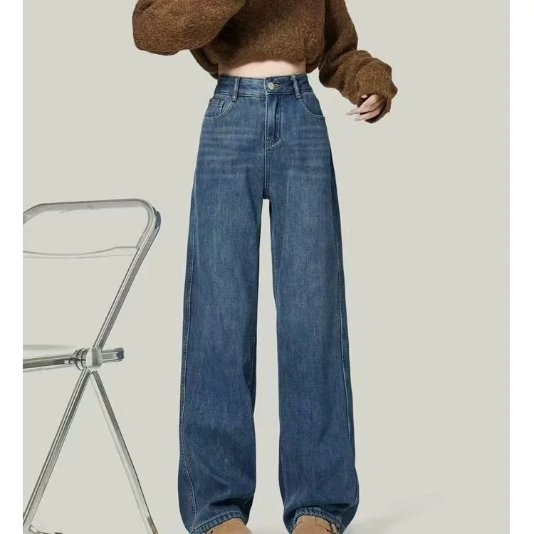 加绒复古直筒牛仔裤女秋冬高腰宽松超绝版型爆款阔腿裤子W25902