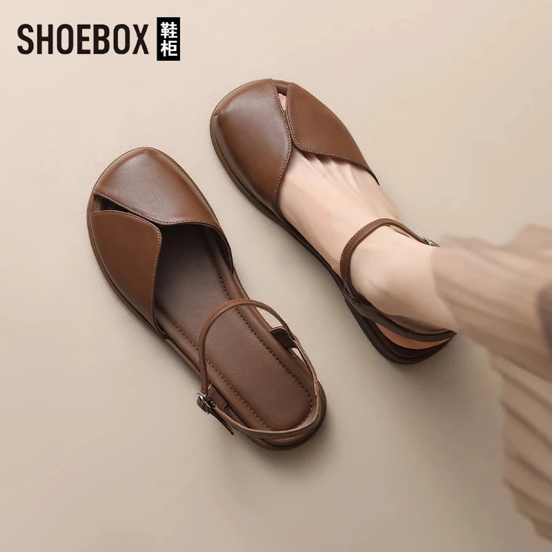 SHOEBOX鞋柜镂空包头凉鞋女2025新款夏平底沙滩罗马女士凉拖鞋