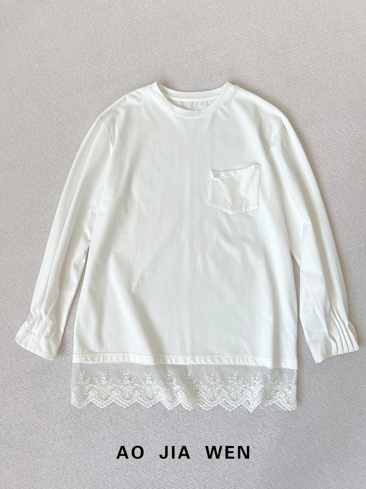 【佳文定制】2317长袖不规则口袋蕾丝下摆T恤上衣
