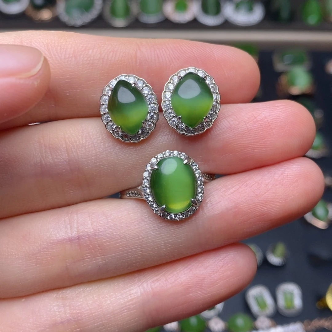 和田玉（碧玉）银S925镶嵌吊坠(不含链)戒指