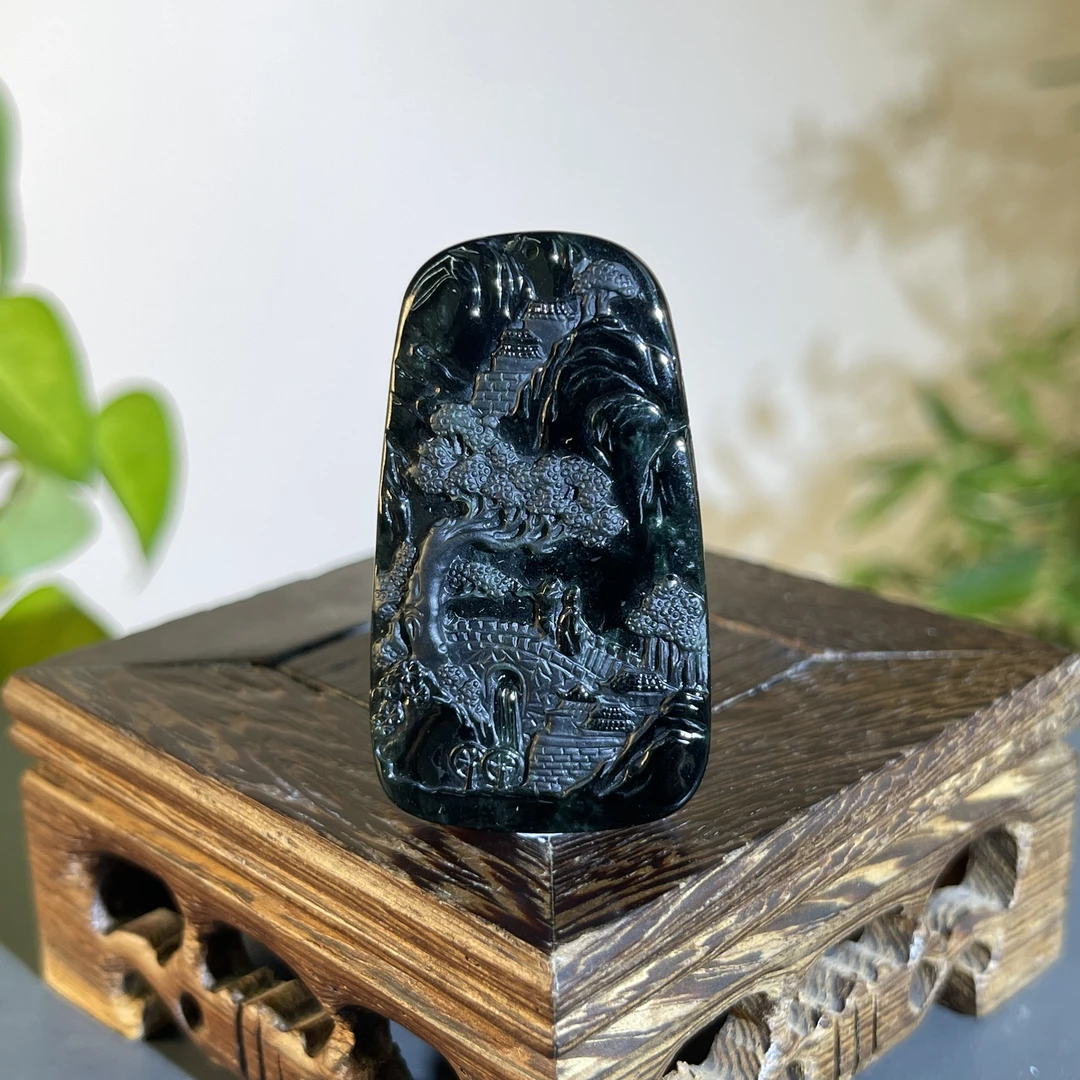 JTW23-128 黑色天然翡翠A货 黑-山水牌