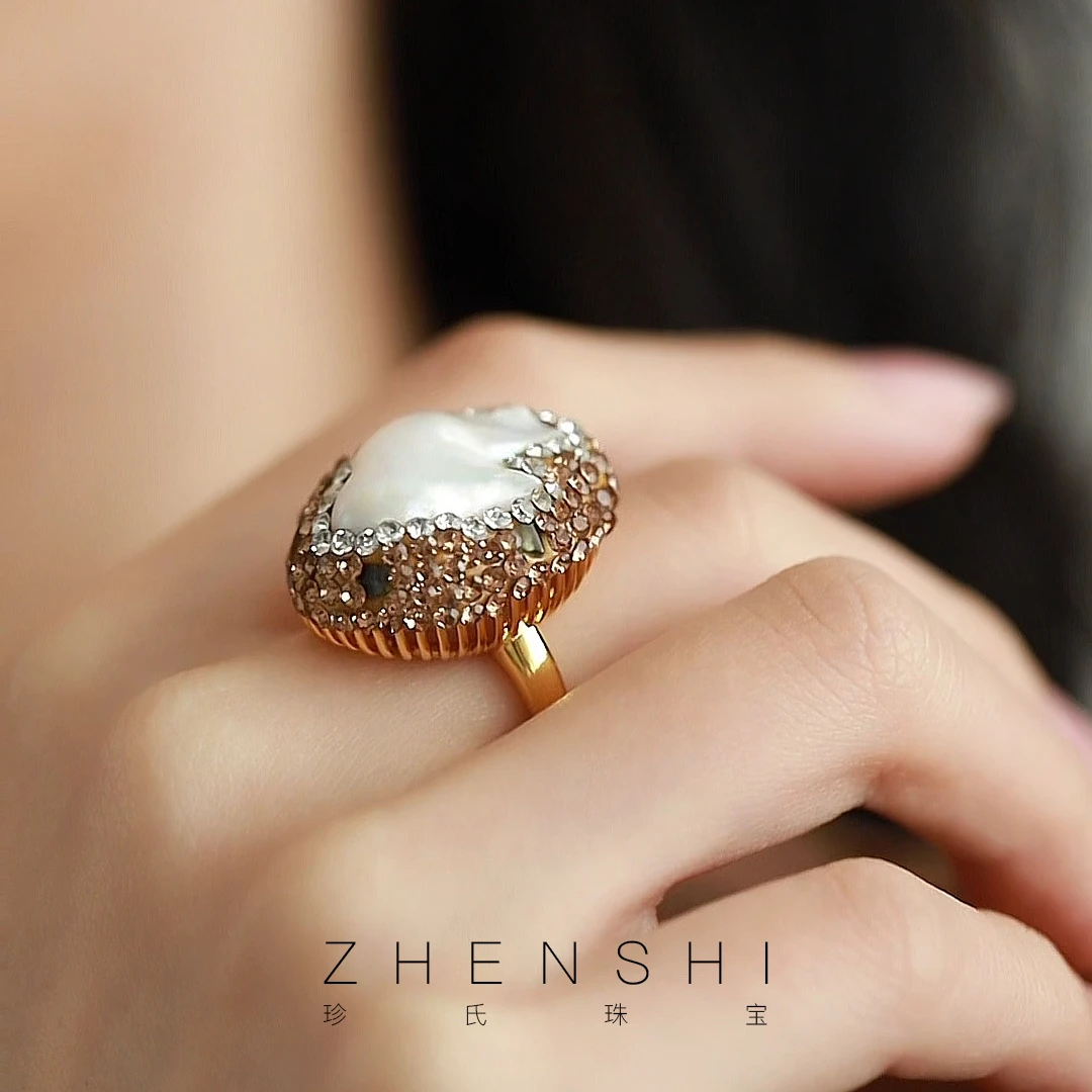 珍氏珠宝 天然淡水巴洛克珍珠戒指 可调节异形珍珠开口戒（珍弥）