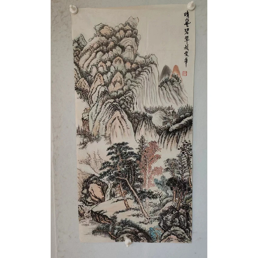 56 纯手绘老字画《晴岚碧翠》中堂  尺寸 110×50