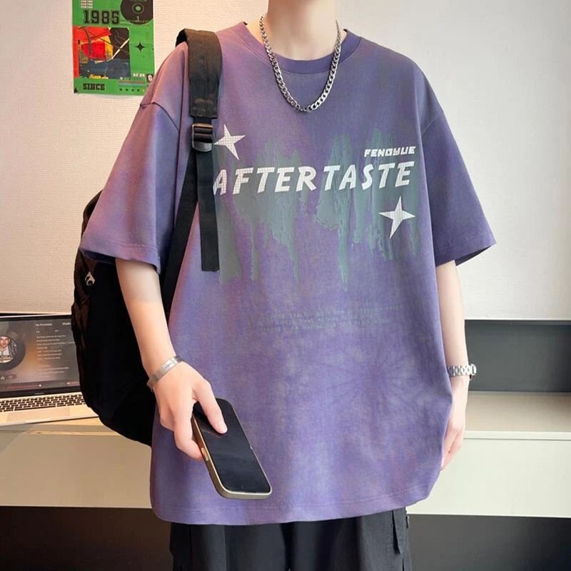 O.U.W冰丝短袖t恤男夏季2025美式宽松五分袖青少年休闲棉半袖体恤