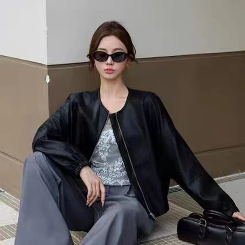 拉链圆领蛋白皮衣外套女秋季2025新款宽松休闲短款夹克棒球服上衣