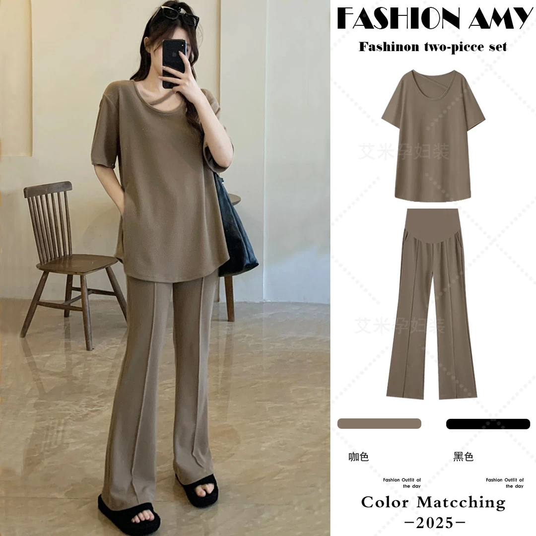 孕妇装夏装新款时尚韩版气质薄款显瘦短袖T恤上衣休闲裤子套装潮1