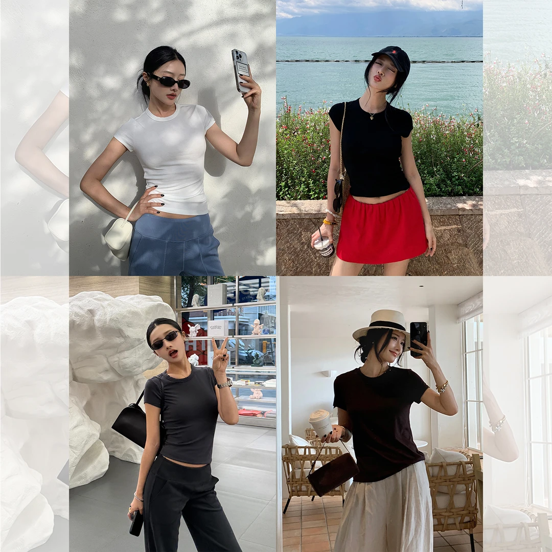 左边女装高弹正肩短袖T恤上衣2025夏季新款莱赛尔天丝果冻T