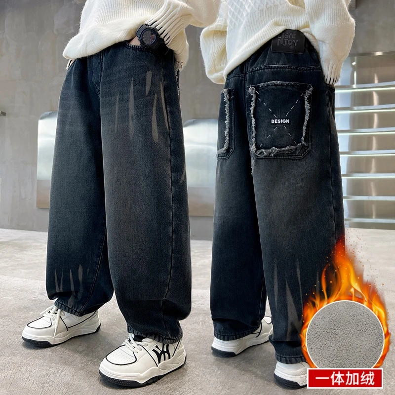 儿童装男童加绒裤子2026新款一体绒牛仔秋冬款冬季加厚男孩大童潮