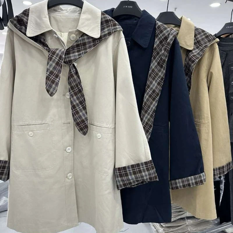 秋季新款韩版格子拼接兔耳朵设计感中长款女士风衣外套