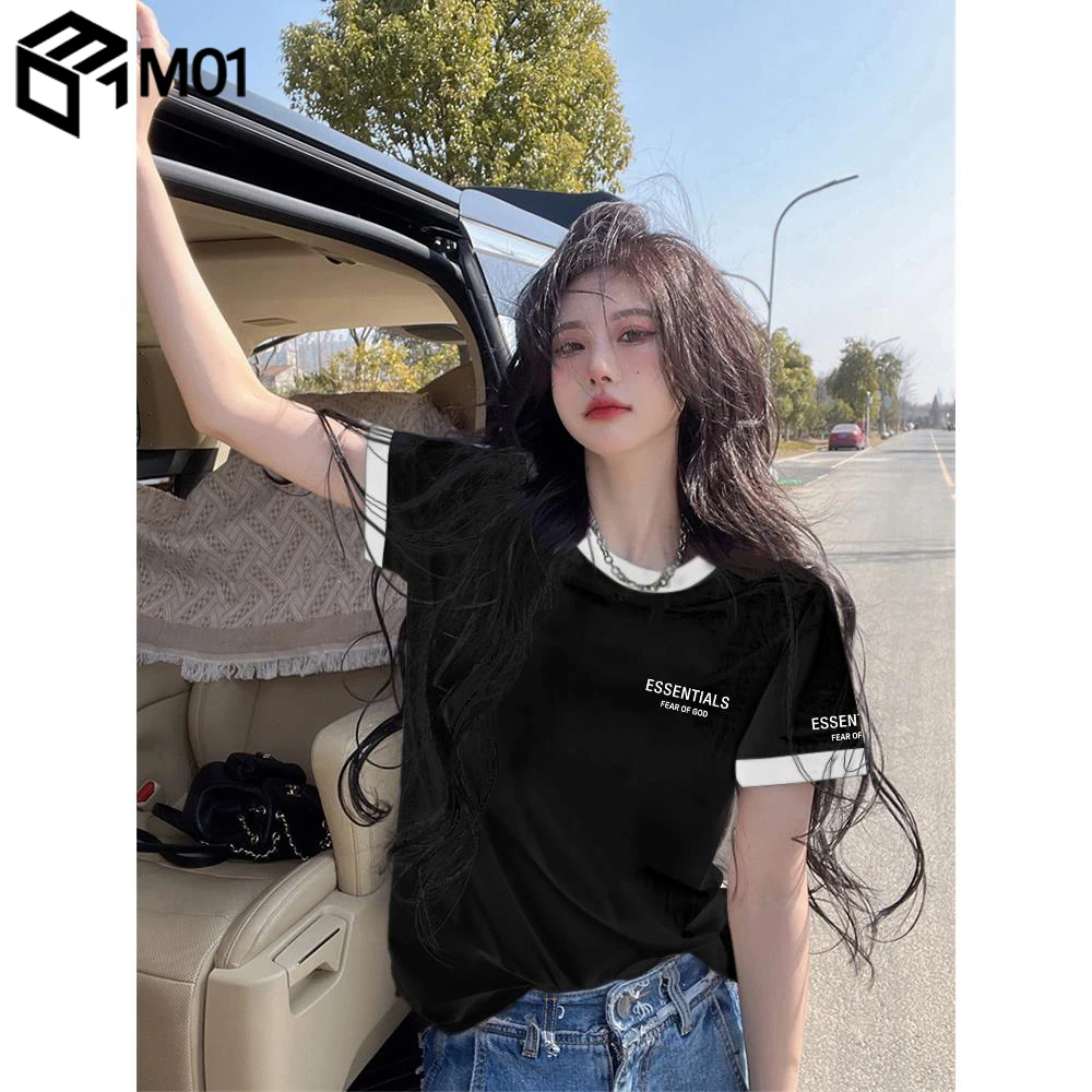 M01欧货撞色黑色正肩短袖T恤女2025夏新款宽松字母印花显瘦上衣