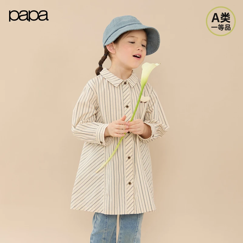 【纯棉府绸】papa爬爬春季儿童连衣裙女童条纹衬衫领长袖气质文艺风