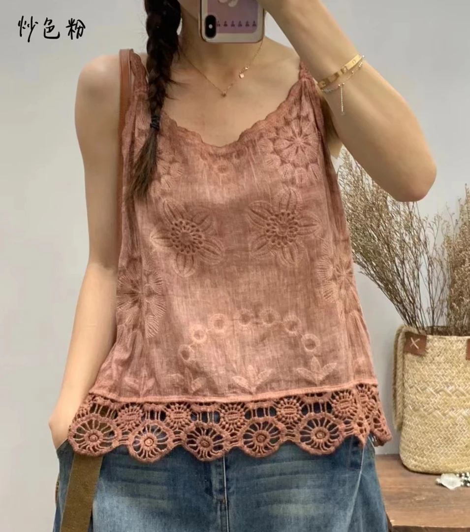 2025初夏绣花背心女式上衣套头针织花边无袖打底纯色吊带衫