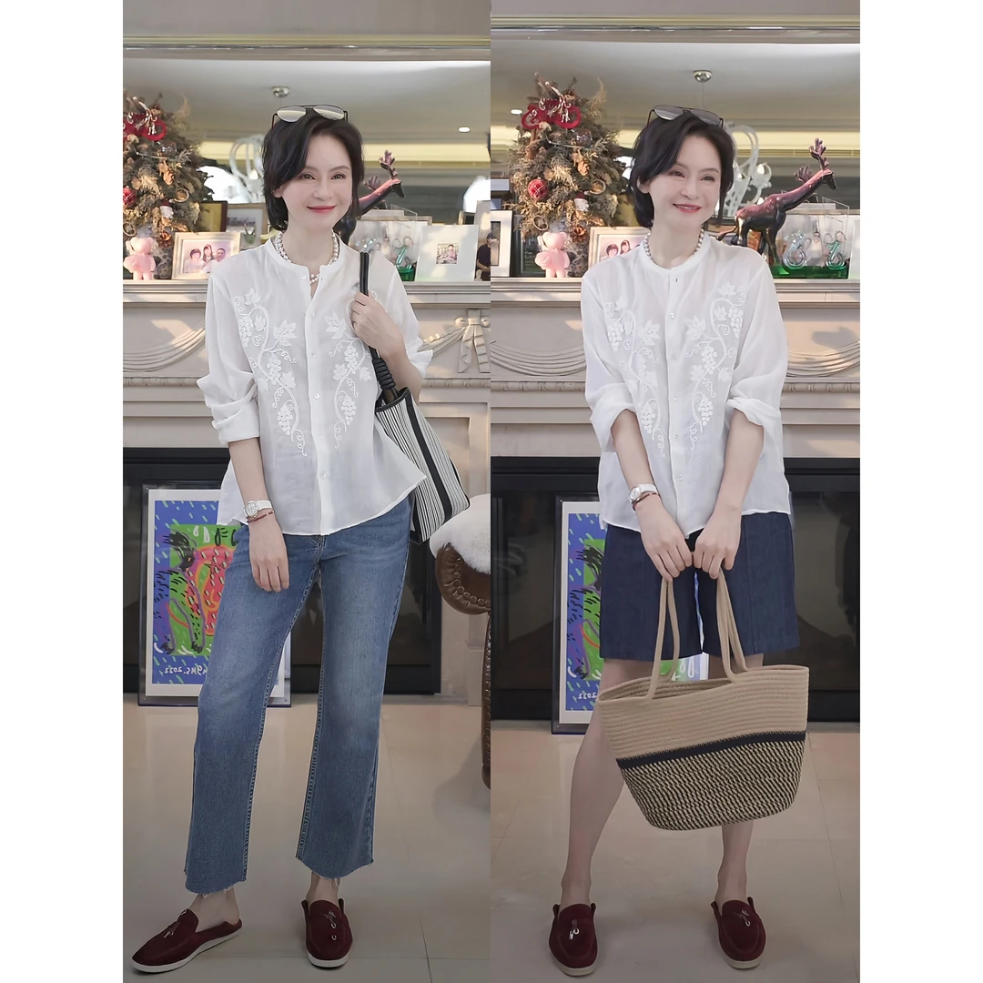 RuienCo.葡萄庄园100支苎麻日本进口水溶6万针刺绣长袖夏衬衫