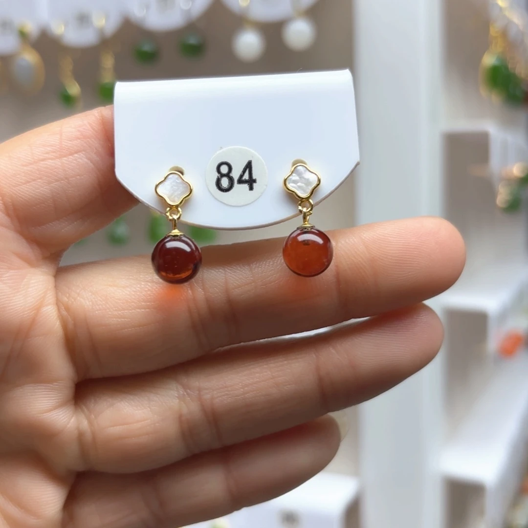 血珀耳饰银S925镶嵌血珀