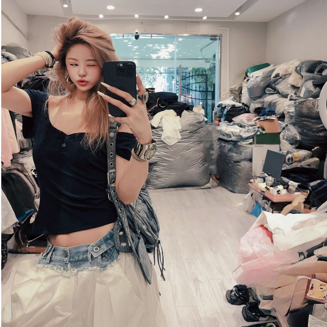 洪小妍自留  超显身材超大弹力上衣短袖夏季洋气显瘦百搭短袖短袖