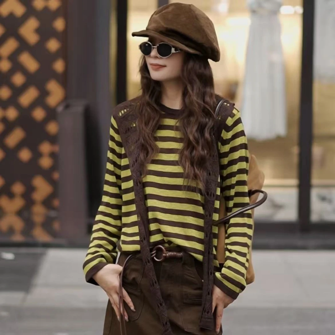 华丽微微【丝蕴】早秋新款撞色条纹针织圆领长袖上衣ZZ1364