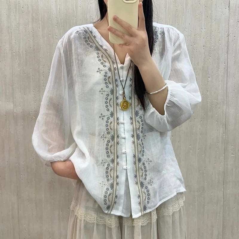 100%苎麻夏季宽松绣花九分袖衬衫女宽松上衣5053