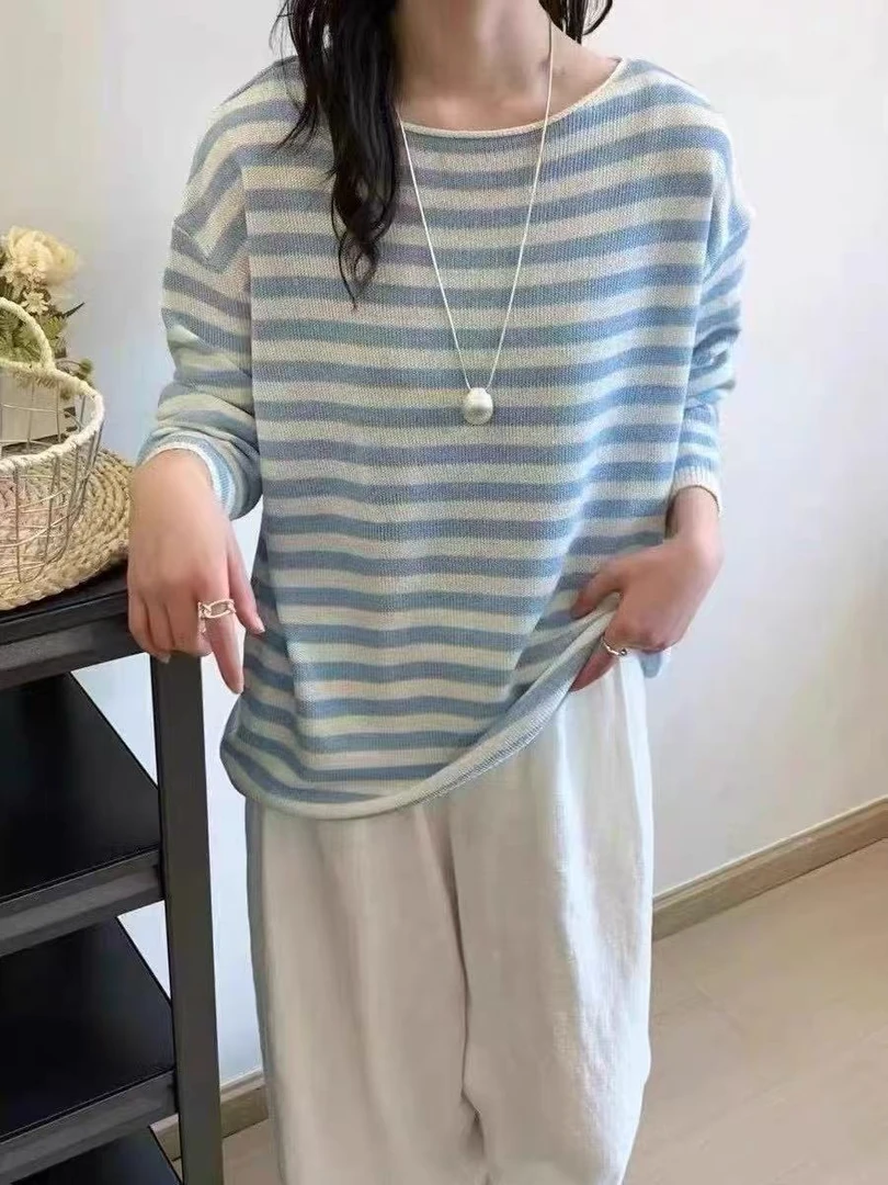 纯色卷边领/一色和纸简约高级感透气夏季条纹针织套头长袖041918