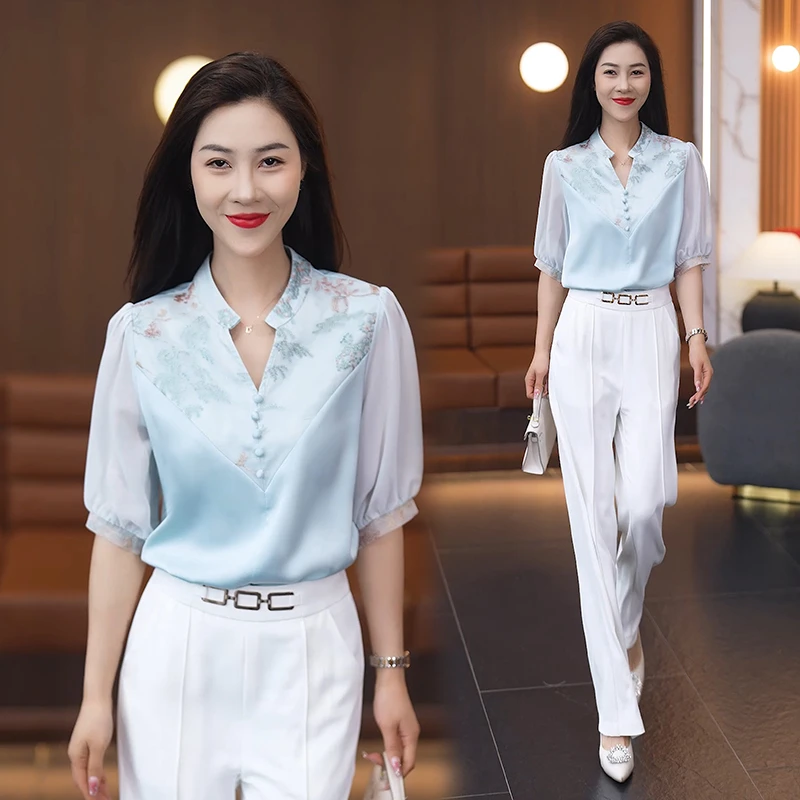 夏季女士新中式V领显瘦遮肚子国风休闲女士衬衣时尚洋气减龄