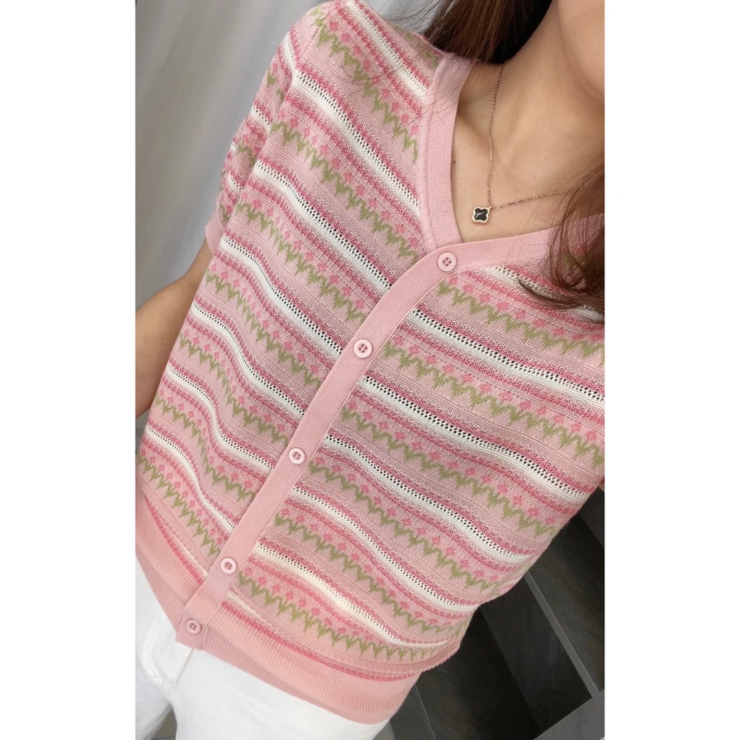 恬朵芸【80-160斤】V领假开衫夏季新款冰丝短袖女洋气百搭显瘦525