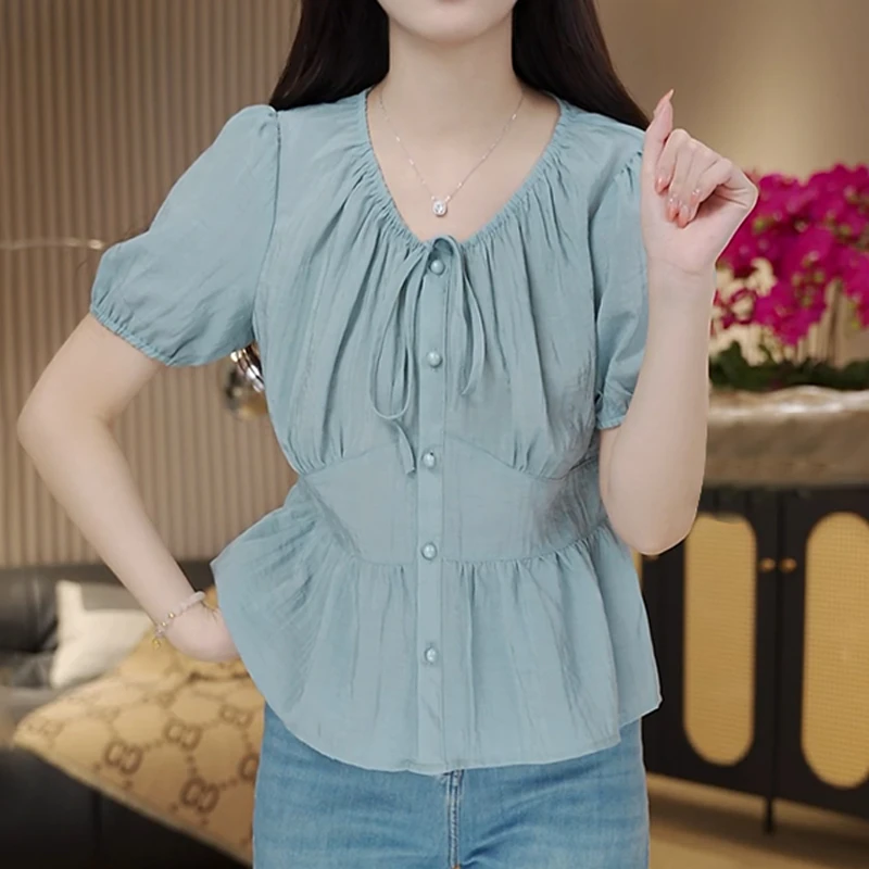 韩系洋气减龄系带褶皱圆领衬衣女夏季薄款收腰修身显瘦泡泡袖衬衫