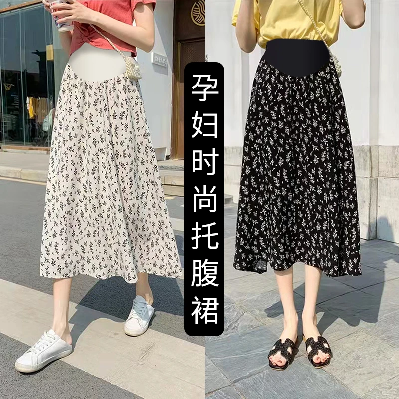 孕妇装托腹碎花半身裙春夏款新款高腰垂感中长款雪纺a字裙大摆裙