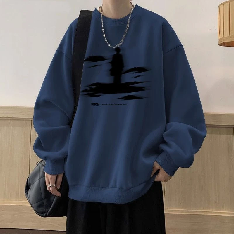 韩版港风秋冬季潮男重磅简约圆领长袖套头宽松百搭加绒加厚打底衫