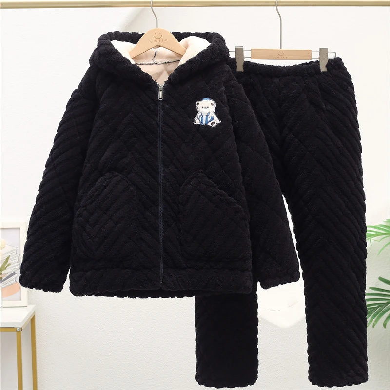 秋冬季连帽童装加厚加绒法兰绒中小童宝宝夹棉男童女童家居服套装