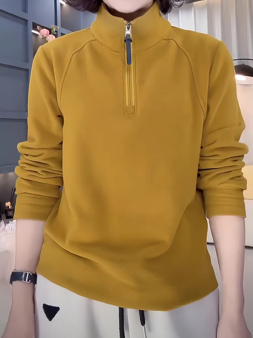 纯色双面绒半拉链立领长袖T恤女秋冬新款保暖百搭休闲打底上衣ins