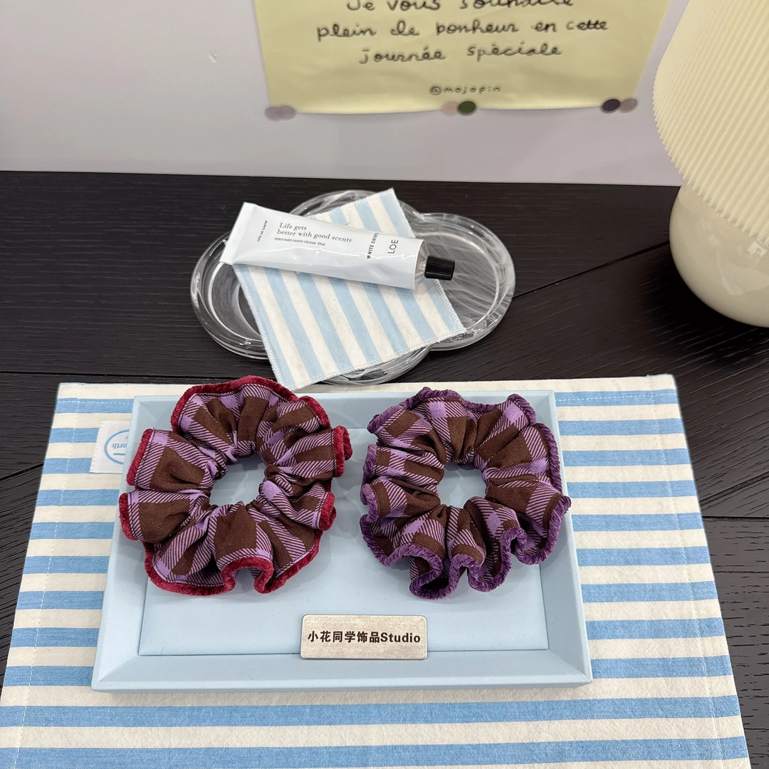 赵露思原版高级定制高品质同款紫色酒红色格子丝绒发圈发绳头绳