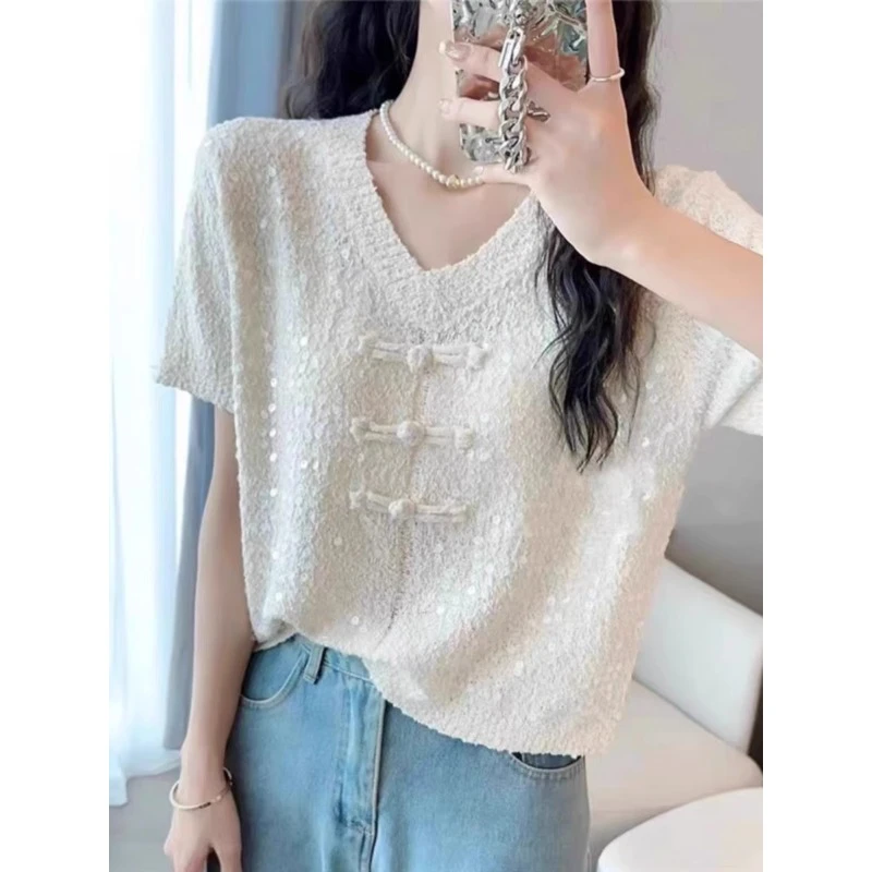 夏季新中式国风重工亮片纯色显瘦短款V领针织衫气质短袖上衣女装