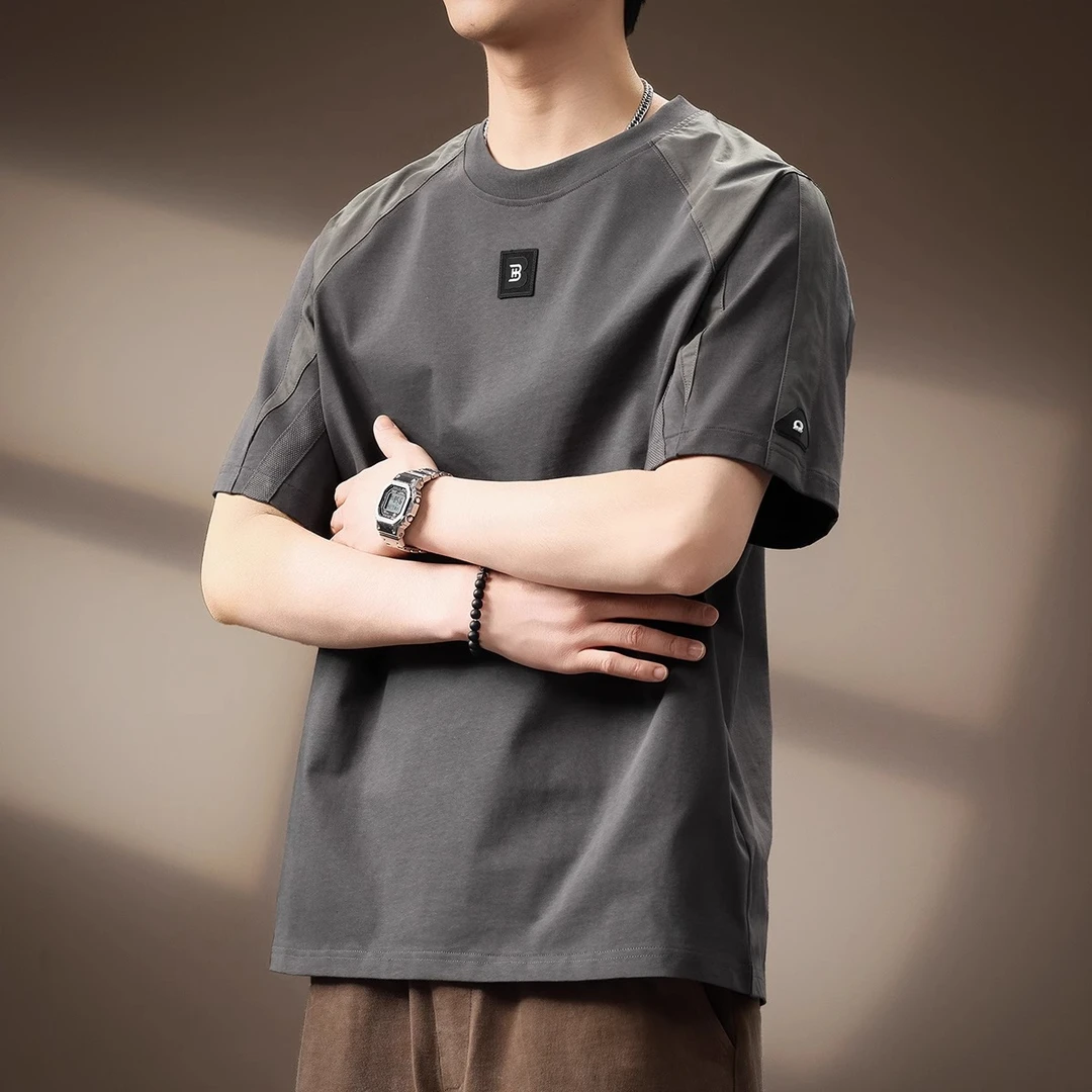 MR.MUDI/穆迪先生高端美式重磅拼接短袖T恤男夏季新款潮宽松圆领