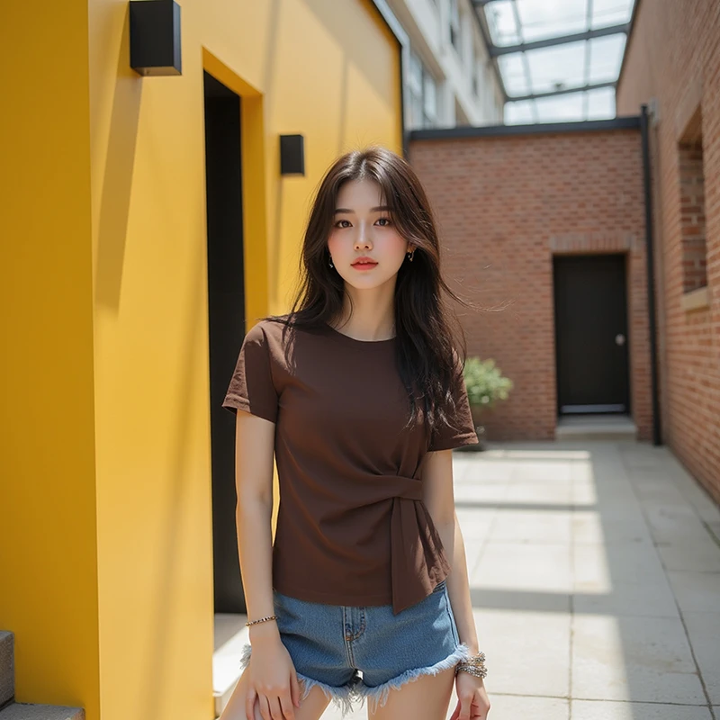 夏日穿搭出游服装韩版复古女式短袖T恤洋气小众通勤正肩显瘦上衣