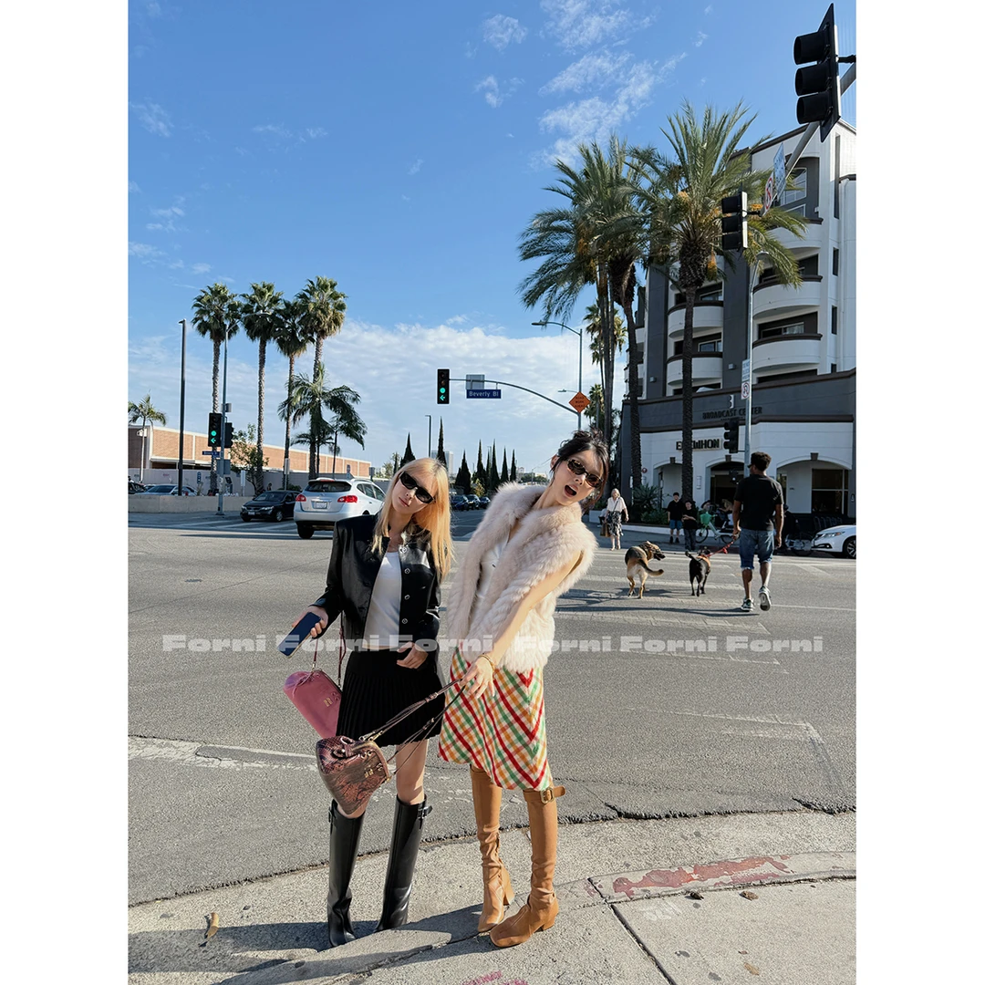 FORNI 利兹彩虹 早秋MIU系彩色格子毛呢半身裙