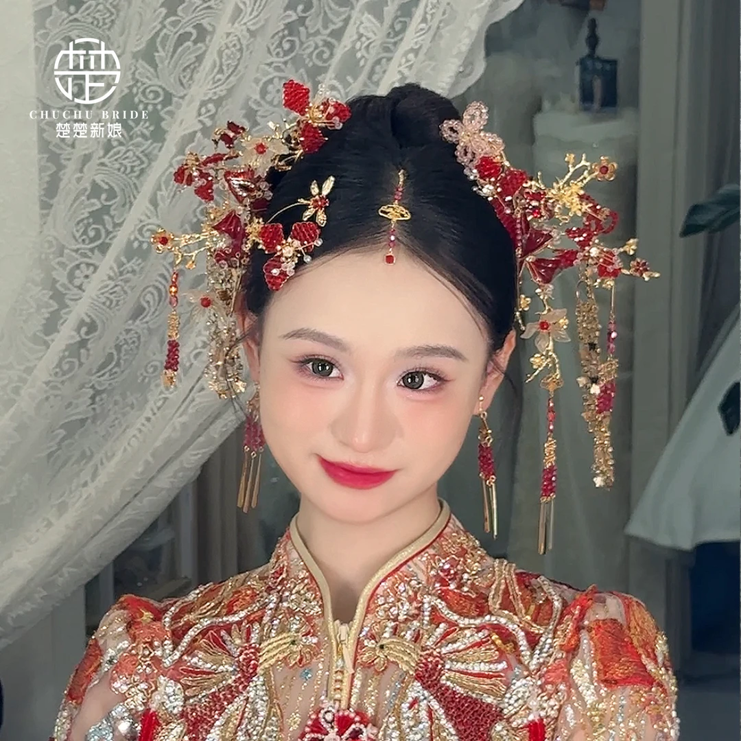 楚楚新娘原创手作款新娘新中式旗袍马面裙头饰红色金秀禾发饰套装