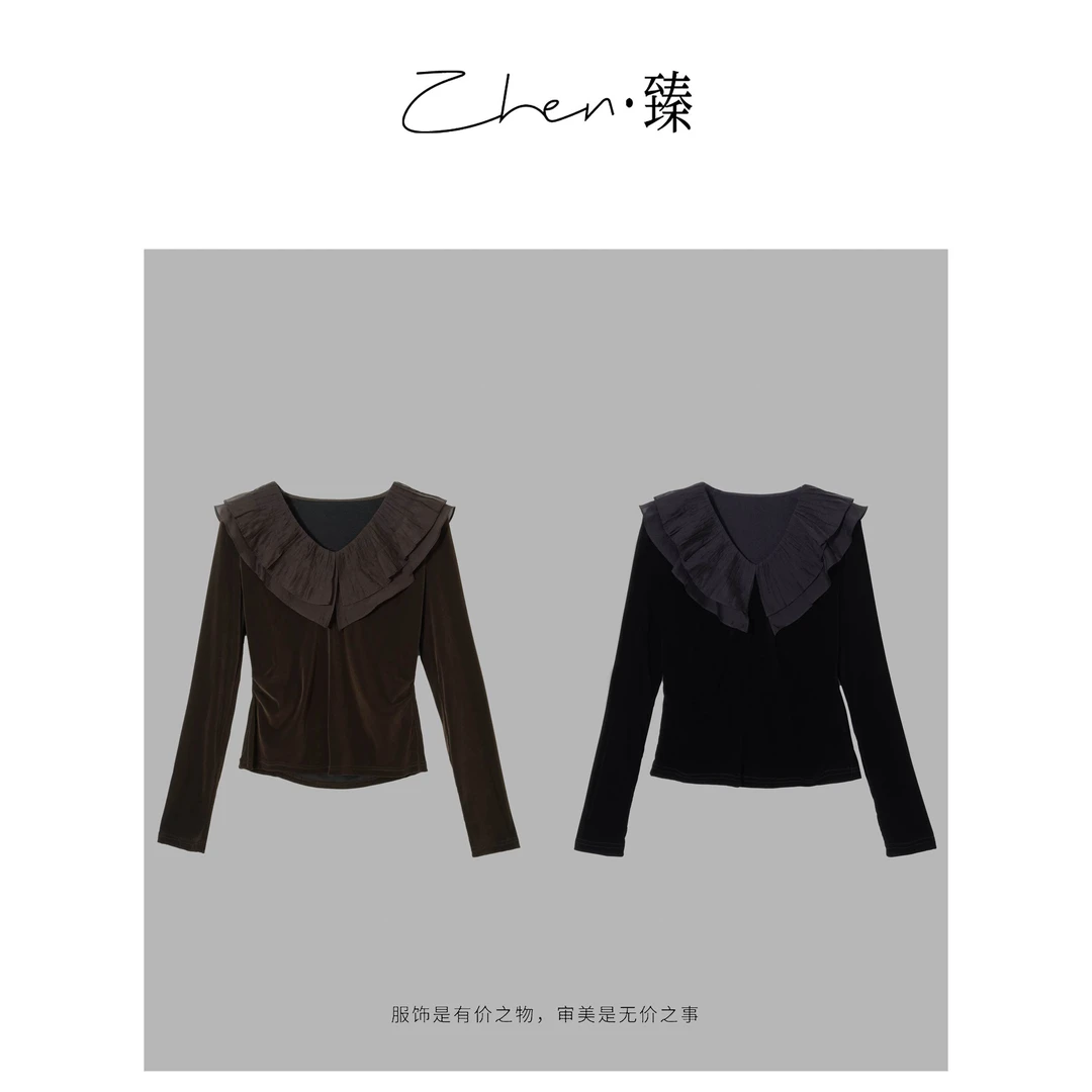ZHEN.臻 法式轻奢荷叶领褶皱秋季单穿打底丝绒长袖衬衫CS8845Z