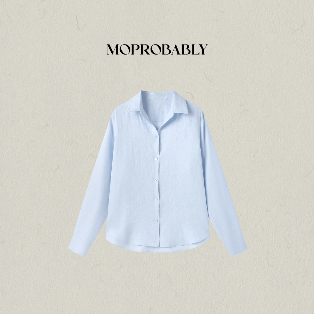 Moprobably李予诺「梦赫」"100%亚麻"气质基础蓝色长袖衬衫L5255009