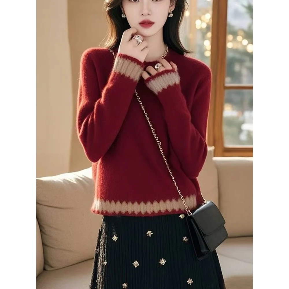 新款今年流行漂亮慵懒高级感韩系宽松酒红色套头厚毛衣女冬季
