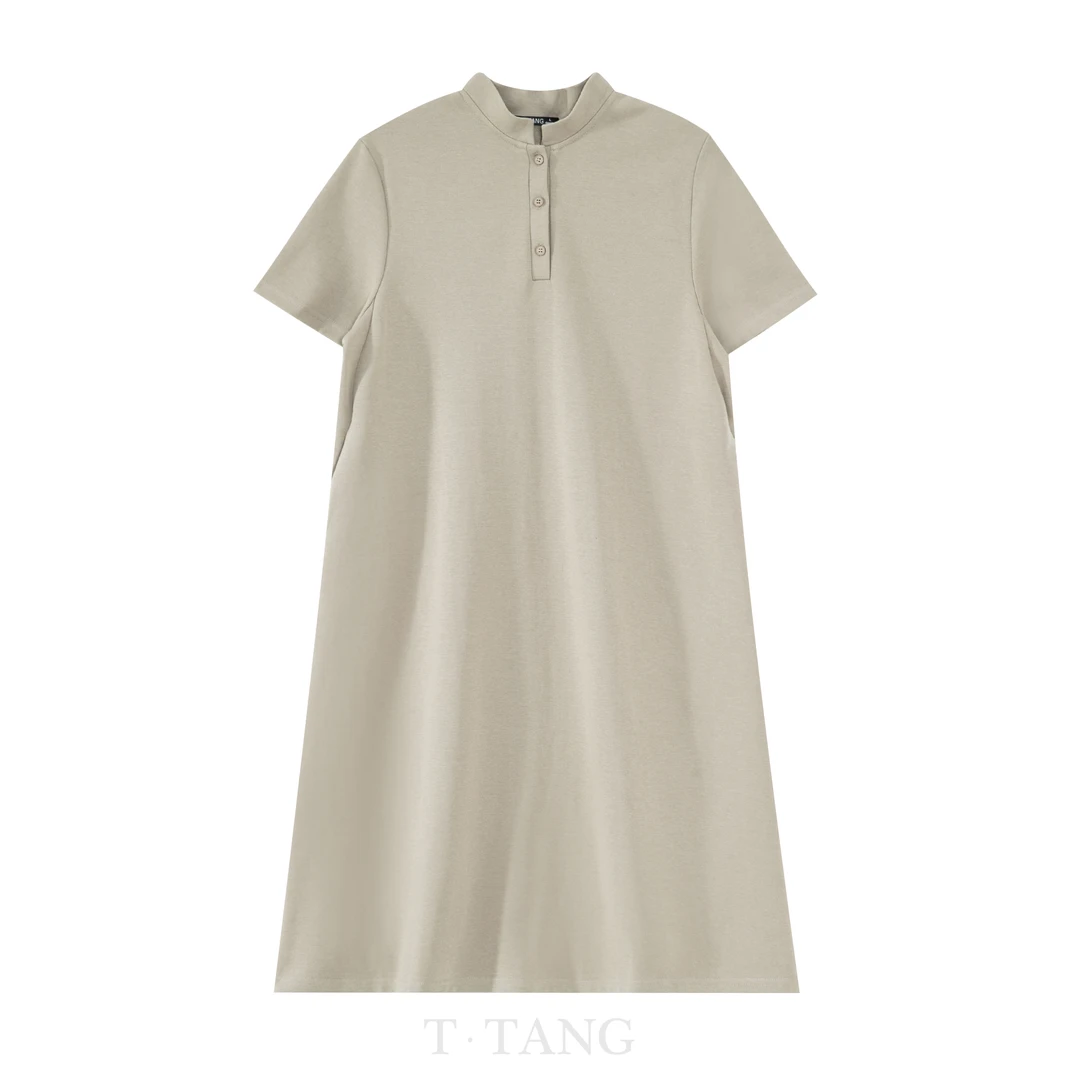 FL夏季女士中长款休息时尚显气质A字简约纯色短袖连衣裙【2910】