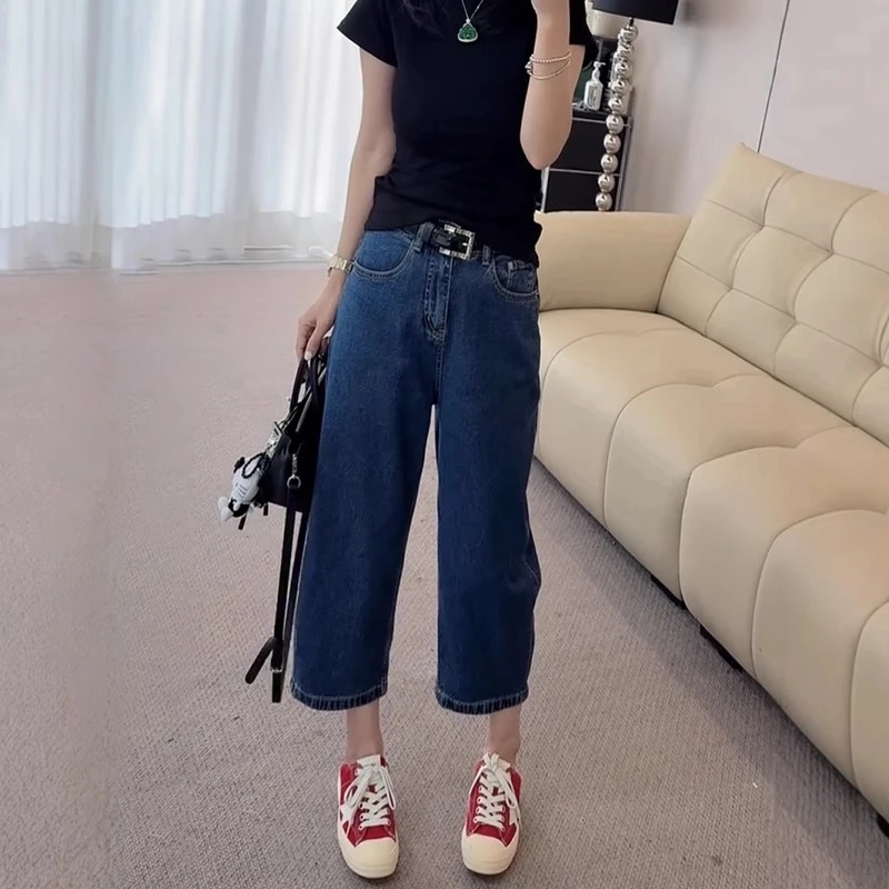 大码女装高腰显瘦直筒弯刀牛仔裤春夏新款复古百搭宽松九分阔腿裤