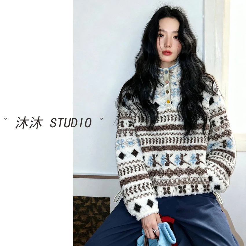 沐沐定制「棉花糖」25年韩系时尚休闲慵懒条纹撞色半扣卫衣5780