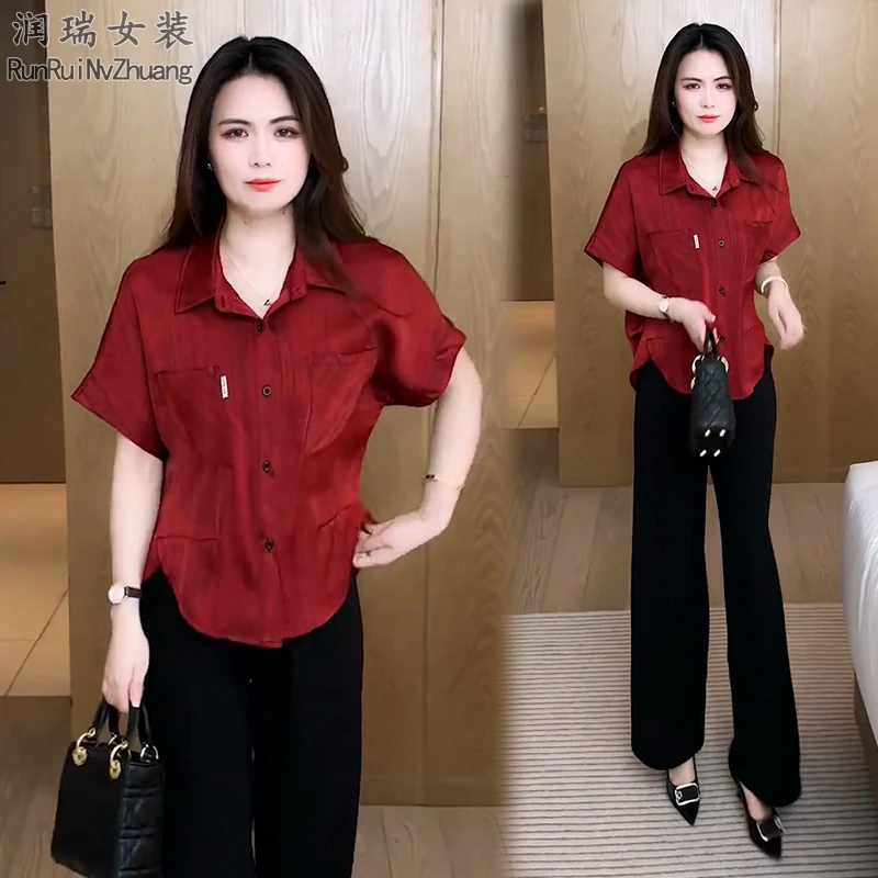 衬衫休闲显瘦裤子夏季女装轻熟风休闲风时尚套装洋气妈妈大码女装