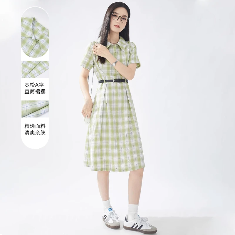 格纹衬衫连衣裙女夏季2025新款收腰显瘦复古学院风裙子NT0436