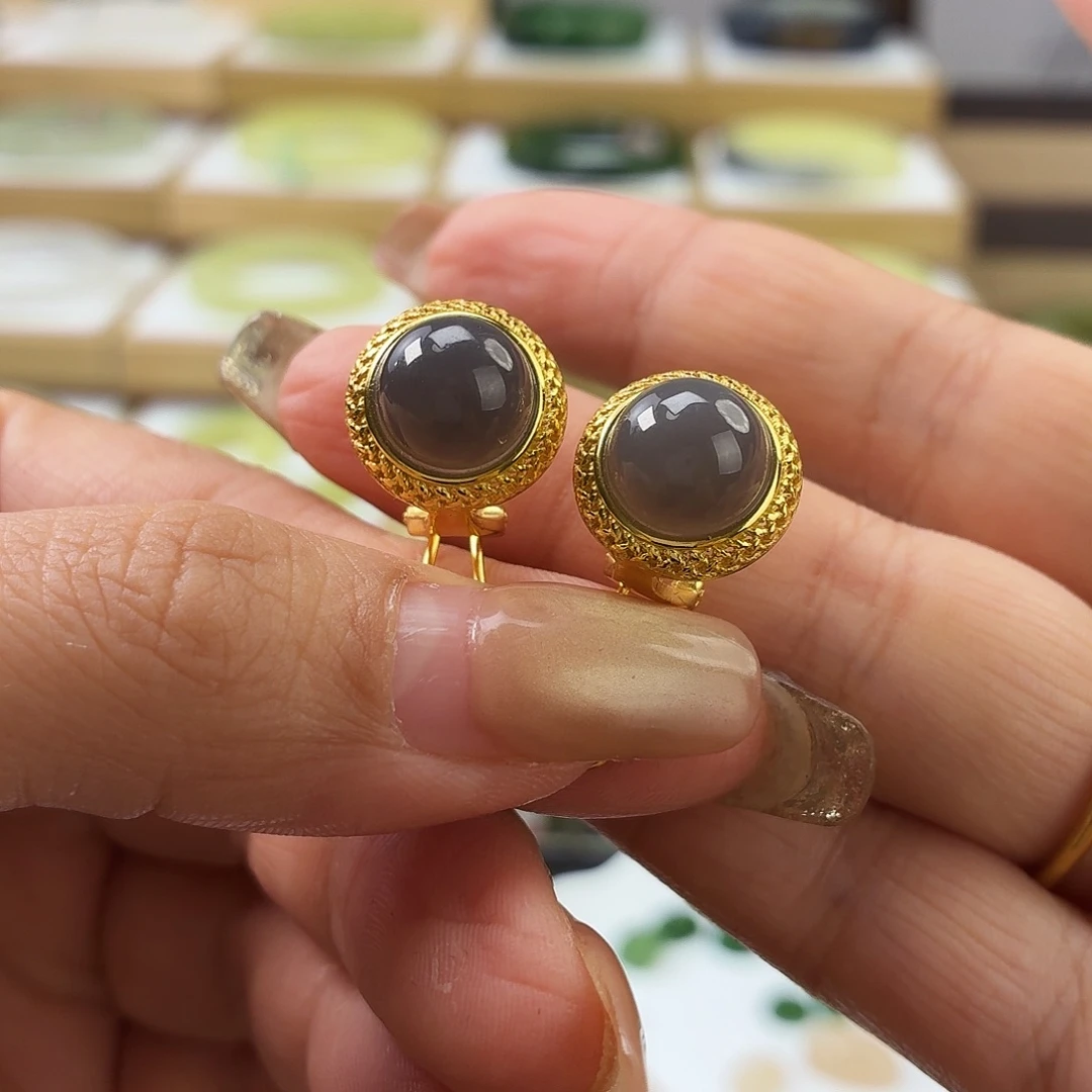 和田玉银S925镶嵌耳饰