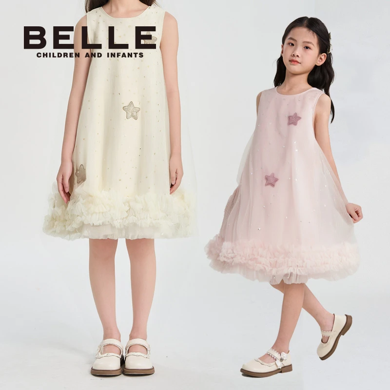 百丽夏季女童新款纯色时尚连衣裙洋气甜美棉布纱裙碎花夏季